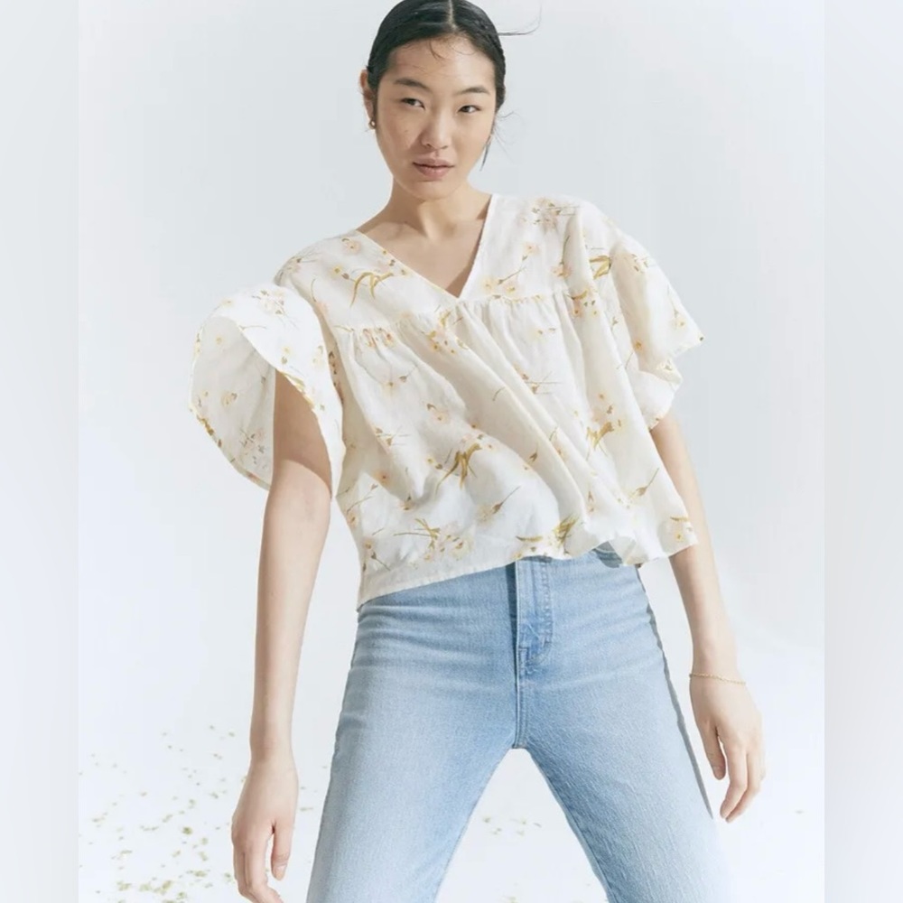 Madewell Women's Rhyme Flutter Sleeve Floral Top Blouse Cotton Ivory Size XXS